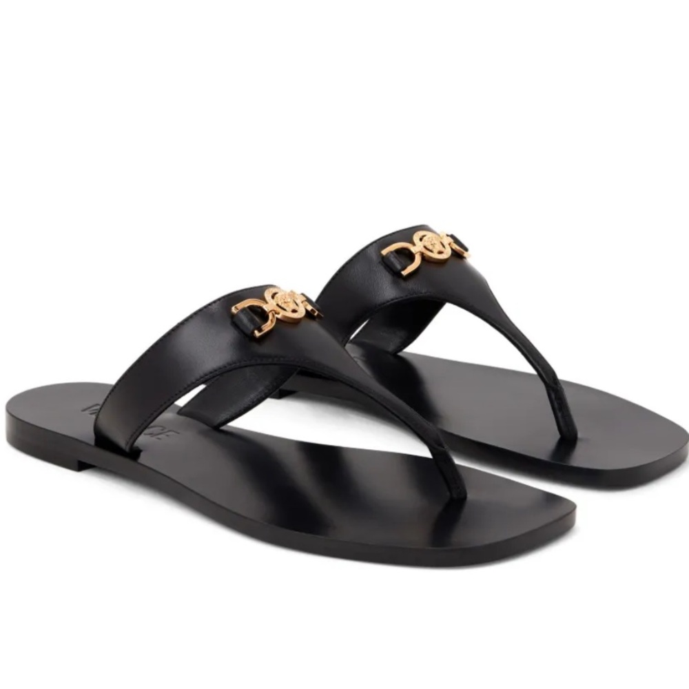 New Versace Black Leather Gold Medusa Sandals